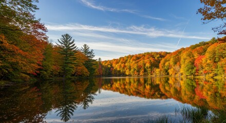 Autumn lake reflecting colorful trees