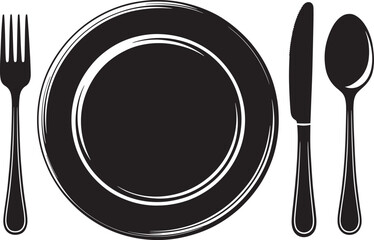 Classic black silhouette of a plate with fork knife and spoon