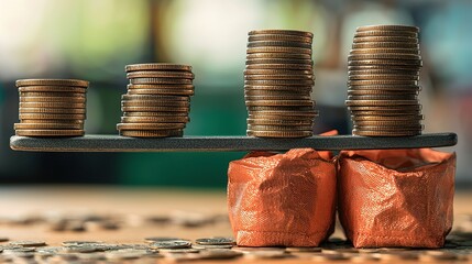 Diminishing stacks of coins balanced on a seesaw illustrate decreasing savings, economic decline, or financial instability 