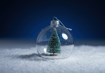 A clear Christmas ornament with a small tree inside, in a snowy setting.