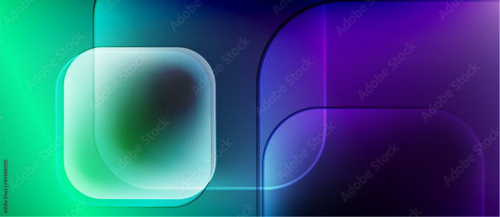 Poster abstract gradients blend turquoise, blue, purple. rounded rectangles overlap creating soft light eff