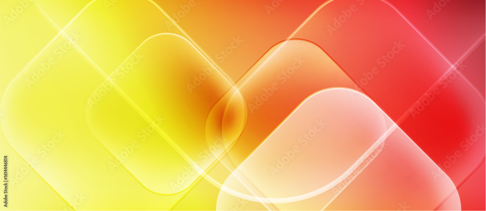 Poster abstract composition featuring overlapping squares. yellow transitions to orange, then red. bright, 