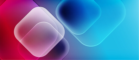 Abstract shapes overlap, creating vibrant gradients. Pink, blue hues dominate composition. Soft lighting, modern design elements present.