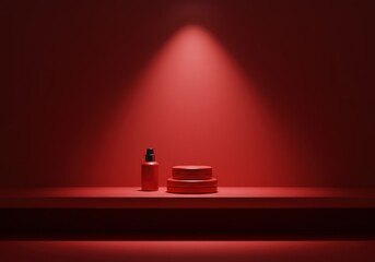 Minimalist red cosmetic products on a shelf illuminated by a spotlight creating a stylish background.