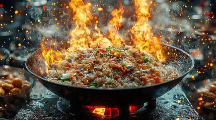 Dramatic Wok Cooking with Flames and Sizzling Food for Street Market and Culinary Performance Concepts

