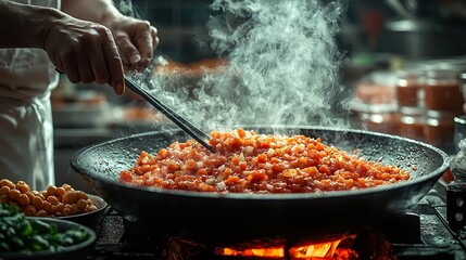 Dramatic Wok Cooking with Flames and Sizzling Food for Street Market and Culinary Performance Concepts

