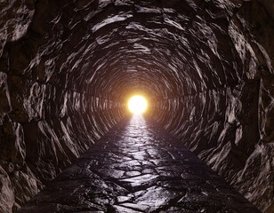 Stone tunnel leads to bright light with hope, journey, end, path, abstract concept, dark, and 3D render.