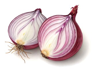 Two halves of a red onion isolated on white background
