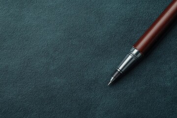 A dark-teal textured surface features a brown-and-silver mechanical pencil diagonally positioned towards the lower-right corner, its sharp tip pointed downward