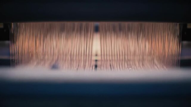 Metal threads hang vertically in rows, creating an abstract, industrial textile machine detail. Supported by black cylinders below