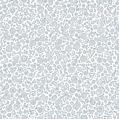 Seamless pattern with hand drawn doodle elements on white background in blue color scheme