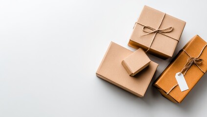 Obraz premium Three kraft paper gift boxes, tied with twine, atop a white surface