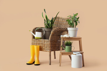 Armchair with stand, plants and gardening supplies on beige background
