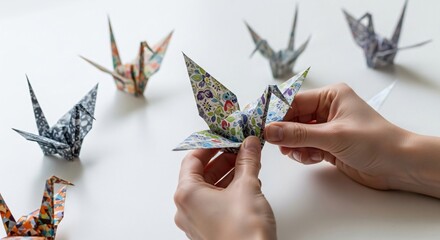 Hands folding origami crane with patterned paper, crafting a symbol of peace and hope
