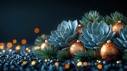 Elegant Succulent and Ornament Arrangement for Festive Holiday Decoration on Dark Background

