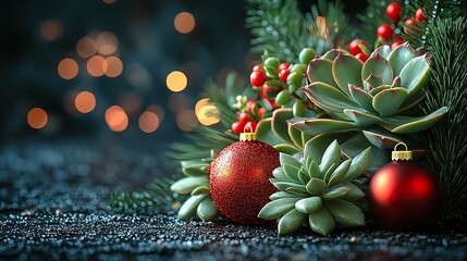 Elegant Succulent and Ornament Arrangement for Festive Holiday Decoration on Dark Background

