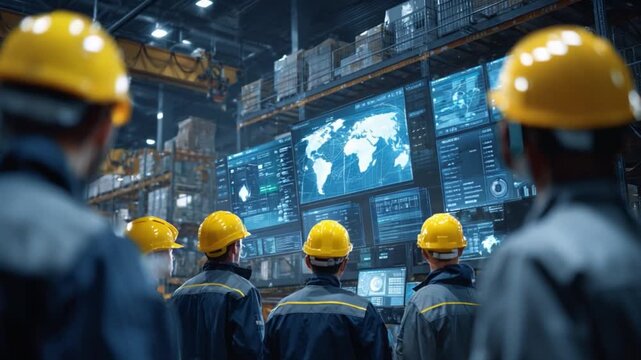 Logistics Professionals at Command Center: A team of dedicated logistics professionals, donned in safety helmets, intently studies global shipping data displayed on a series of high-tech screens.