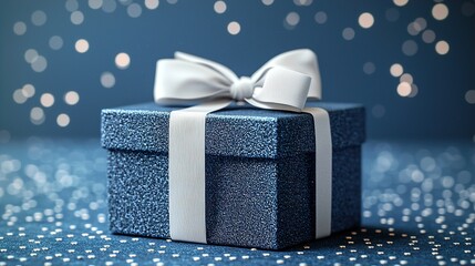 Elegant Blue Gift Box with White Ribbon Bow for Celebration Event and Festive Design Concepts

