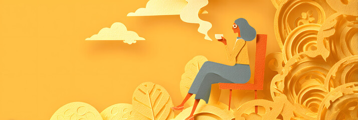 A paper-cut style illustration symbolizing. A woman sits comfortably drinking coffee while talking on the phone.	