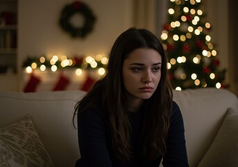 A woman looks sad at home during the Christmas holiday season