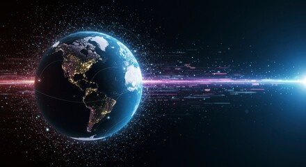 Illuminated globe with digital data streams traversing across it, showcasing global connectivity and technological advancement