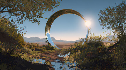Glass ring in forest clearing revealing distant desert plain