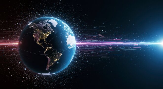 Illuminated globe with digital data streams traversing across it, showcasing global connectivity and technological advancement