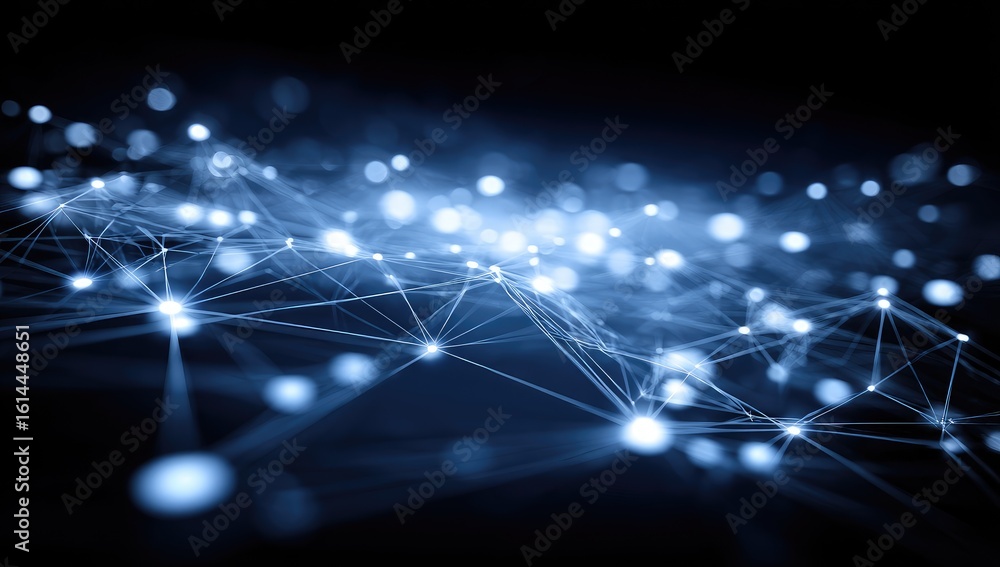 Poster abstract network of glowing points and lines in dark blue