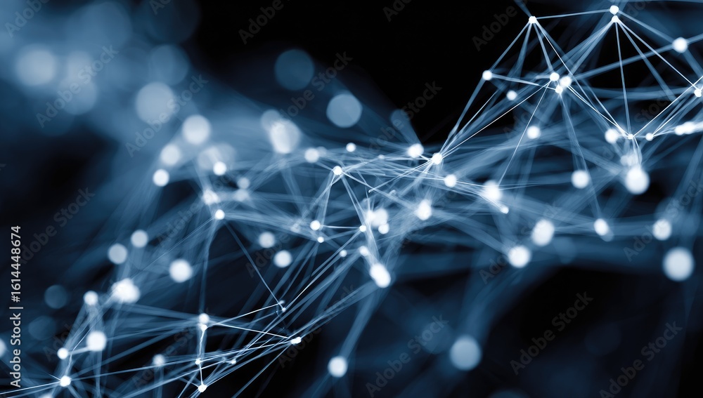 Poster abstract network of interconnected points and lines in a dark background, with soft blue-white glow