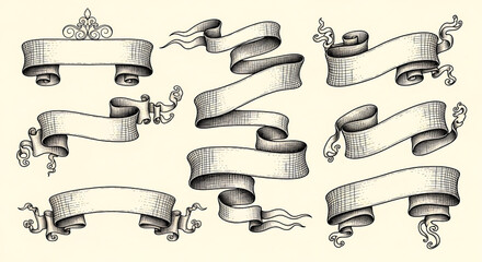 A collection of various vintage-style, hand-drawn ribbon banners and scrolls.