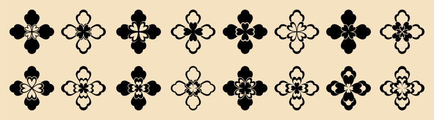 Vector shape set with abstract icons, cross, flowers, and inspired elements. Perfect for digital design, pattern, and graphics.