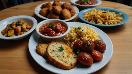 Hearty italian meal with pasta meatballs and garlic bread