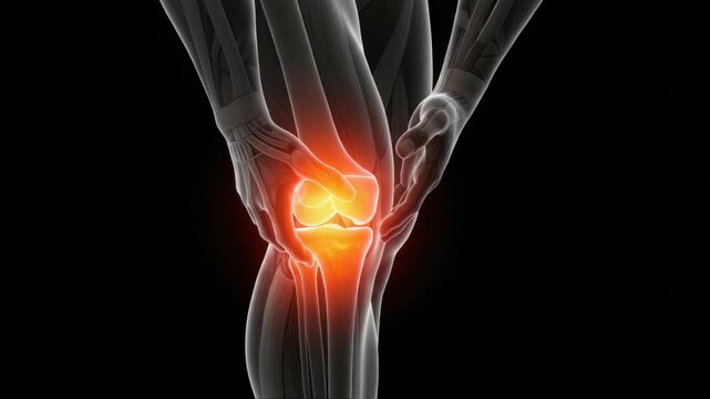 Detailed knee joint pain animation, with bones, tendons, ligaments and muscles, xray style footage