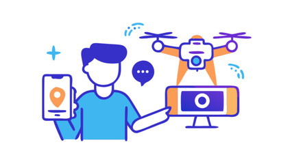 Drone technology application man using smartphone to control drone for aerial photography and videography
