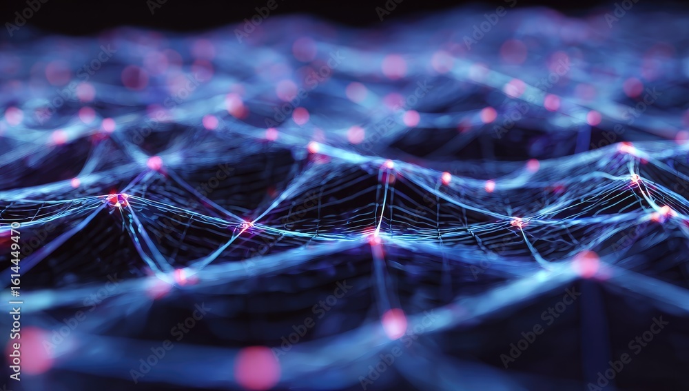 Poster abstract network of glowing points and lines, creating a textured surface