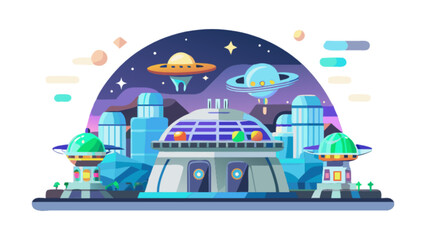 Obraz premium Explore futuristic city landscape with ufo sightings in a vibrant space themed vector illustration