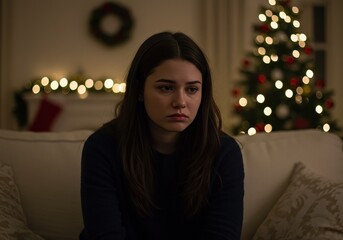 A young woman looks sad, sitting in a cozy home during the Christmas holiday season.