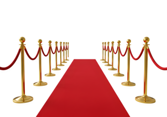 A red carpet with golden stanchions and velvet ropes on each side isolated on white or transparent background. PNG