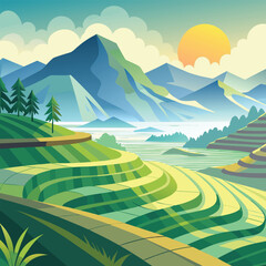 Obraz premium Serene rice terraces with misty mountains and lush greenery