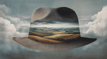 Hat split open revealing layered countryside inside