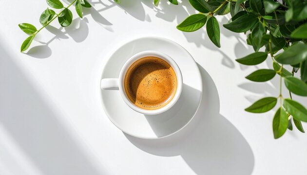 Realistic 4K photo of a white cup of espresso on a café table, overhead angle, clean and minimal composition with a touch of greenery