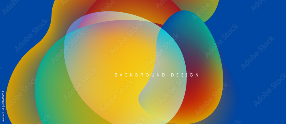 Poster abstract colorful shapes overlap, creating vibrant gradients. blue background provides contrast, mod