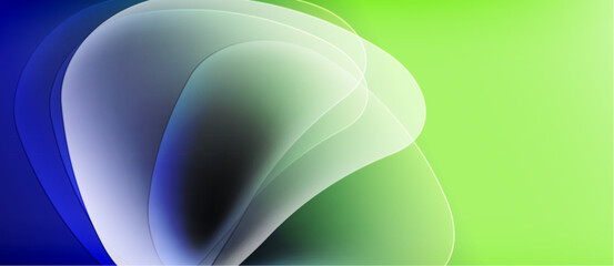 Abstract fluid shapes blend blues, greens. Soft gradients create luminous, flowing forms. Minimalist design evokes movement, energy.