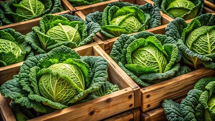Fresh Green Cabbages in Wooden Crates at Market