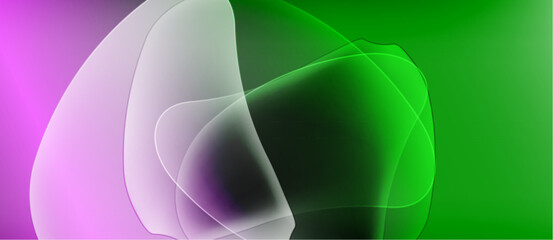 Abstract shapes overlap, creating vibrant gradients. Pink, green, white hues blend seamlessly. Soft lighting, modern design.