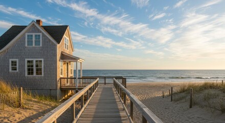 Coastal home on a sandy beach at sunrise