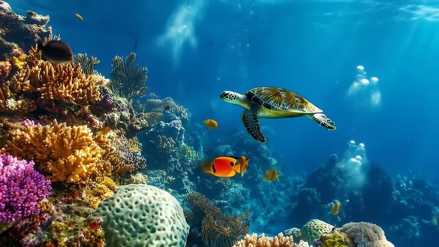 Vibrant coral reef ecosystem featuring a sea turtle and colorful tropical fish