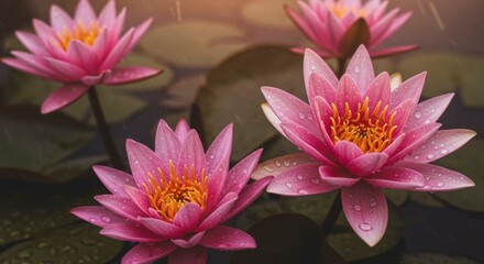 Pink lotus flowers in a pond