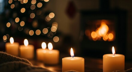 Warm candlelight glows softly beside a blurred Christmas tree and cozy fireplace, creating a peaceful, festive atmosphere