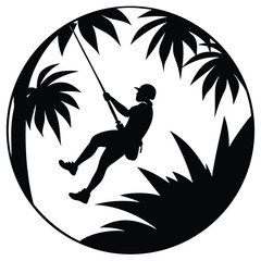 Silhouette of a person ziplining through a lush jungle canopy